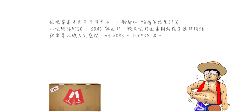<<第 十三 話>><br><br> 依照需求不同有不同大小，一般都以MB為單位來計算，小型網站約20~50MB就已足夠<br/><br/>虛擬空間又稱虛擬主機，就是你放網頁的地方 !